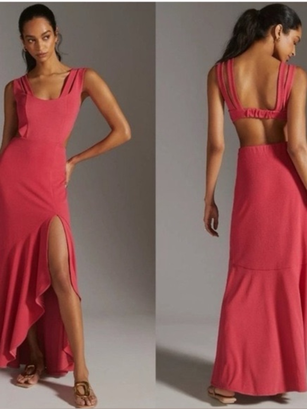Anthropologie Maeve Open-Back Knit Maxi Dress Ruffle Red Cocktail (127)